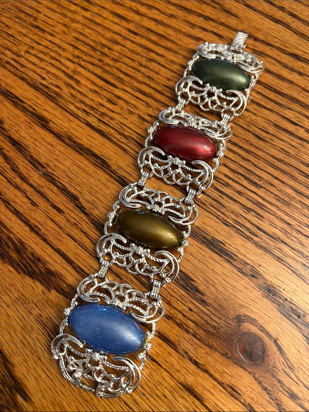 Vintage Sarah Coventry Large Stone Inlay Silver Filigree Bracelet Jewelry 7.5”